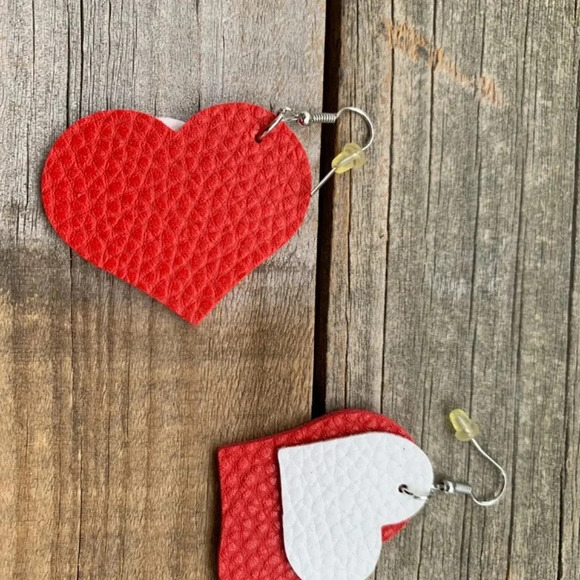 Heart Earrings Red White Lightweight Faux Leather Dangle Heart Earrings - Picture 2 of 4